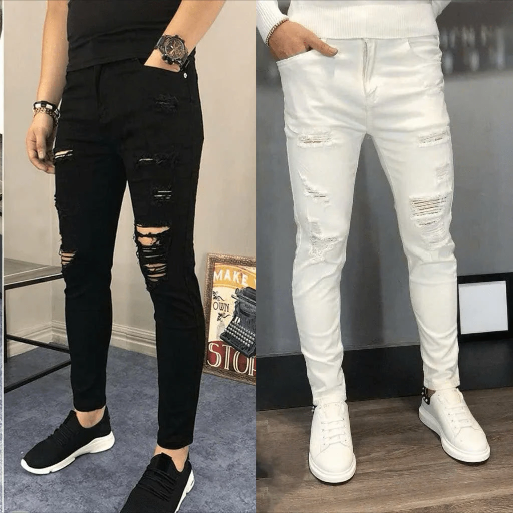 Quần jean nam đen trắng rách nhiều đứng form chất bò co giãn tốt mẫu mới cao cấp-AHFASHION