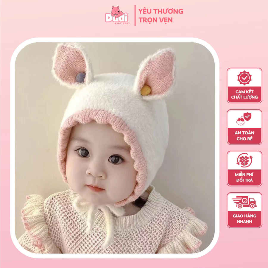 [6-24 THÁNG TUỔI] Mũ Len Giữ Ấm Mùa Đông TAI GẤU TAI NAI Có Dây Buộc Siêu dễ thương 2 Lớp Dày Dặn - M19