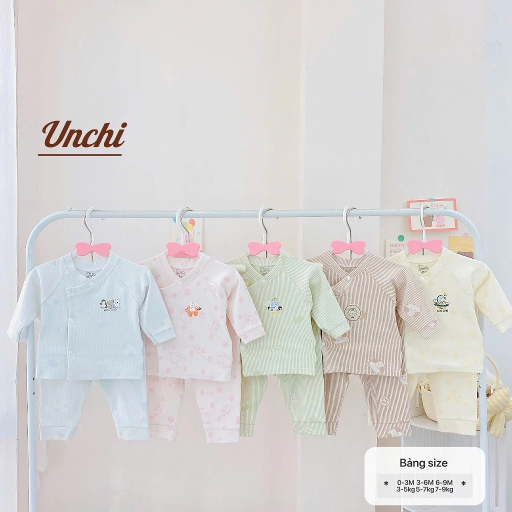 BD31. Bộ Sơ Sinh Thu Đông UnChi Vải Nỉ Cotton Dầy Vừa Cho Bé Sơ Sinh Từ 3-8.5kg