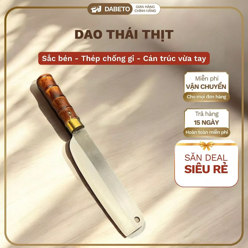 Dao Thái Thịt DABETO Rèn Từ Thép Trắng Kháng Gỉ  Bản 4cm dài 16cm, dầy 1,2li nặng 110g, Cán Trúc