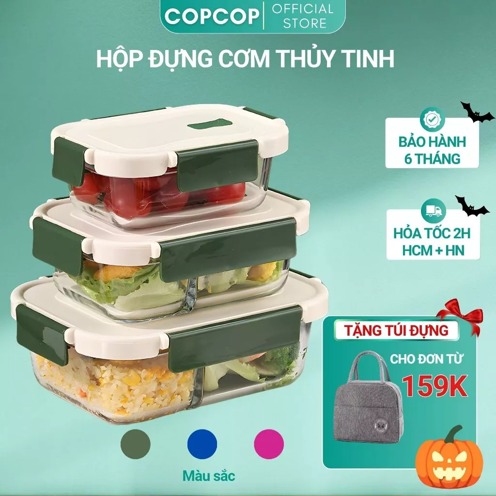 Hộp đựng cơm văn phòng COPCOP thủy tinh chia ngăn chịu nhiệt chống tràn dùng được cho lò vi sóng