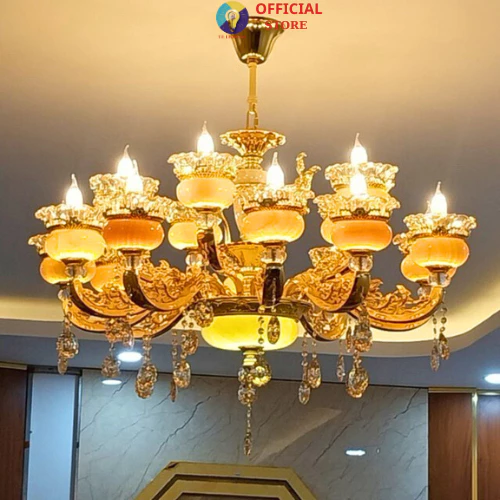 Đèn Chùm Cá Chép LATO Mạ Vàng 24k Tân Cổ Điển Đá Tự Nhiên,Trang Trí Phòng Khách Bảo Hành 10 Năm