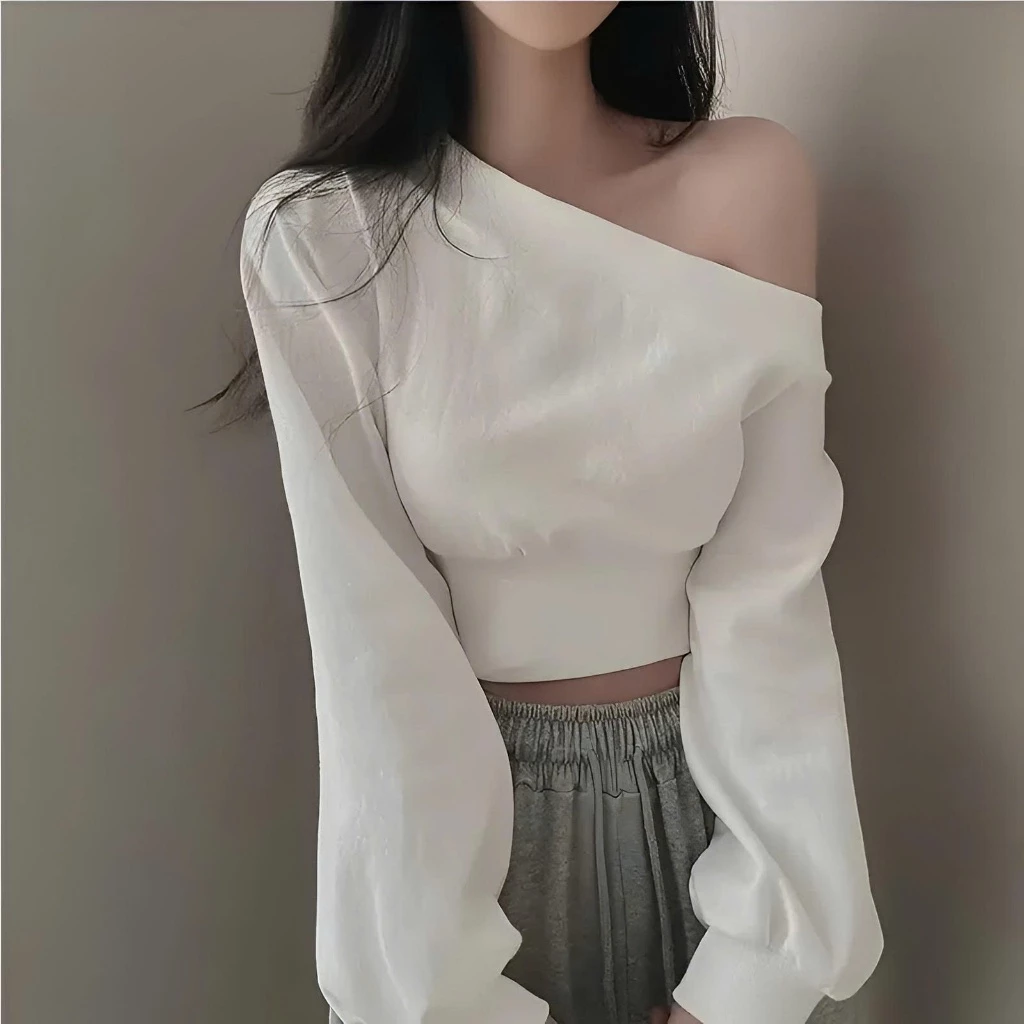 Áo Croptop Trễ Lệch Vai Dài Tay, Áo Nỉ Sexy Vải Da Cá Mềm Mịn Thu Đông Phong Cách Hàn Quốc