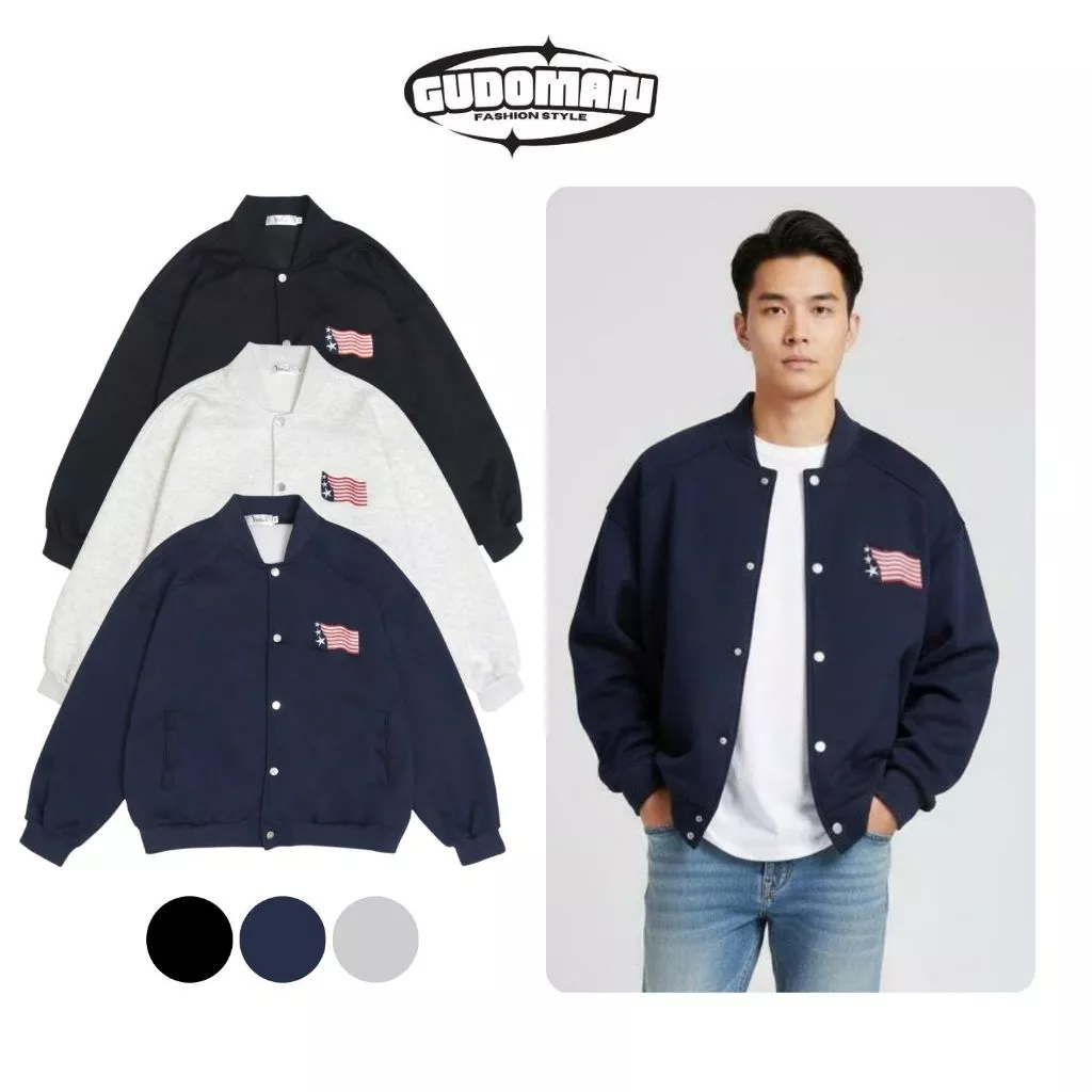 Áo Khoác Bomber Nam Nữ Cúc Bấm Chất Nỉ 2 Da Dáng Thể Thao Thêu Cờ K05