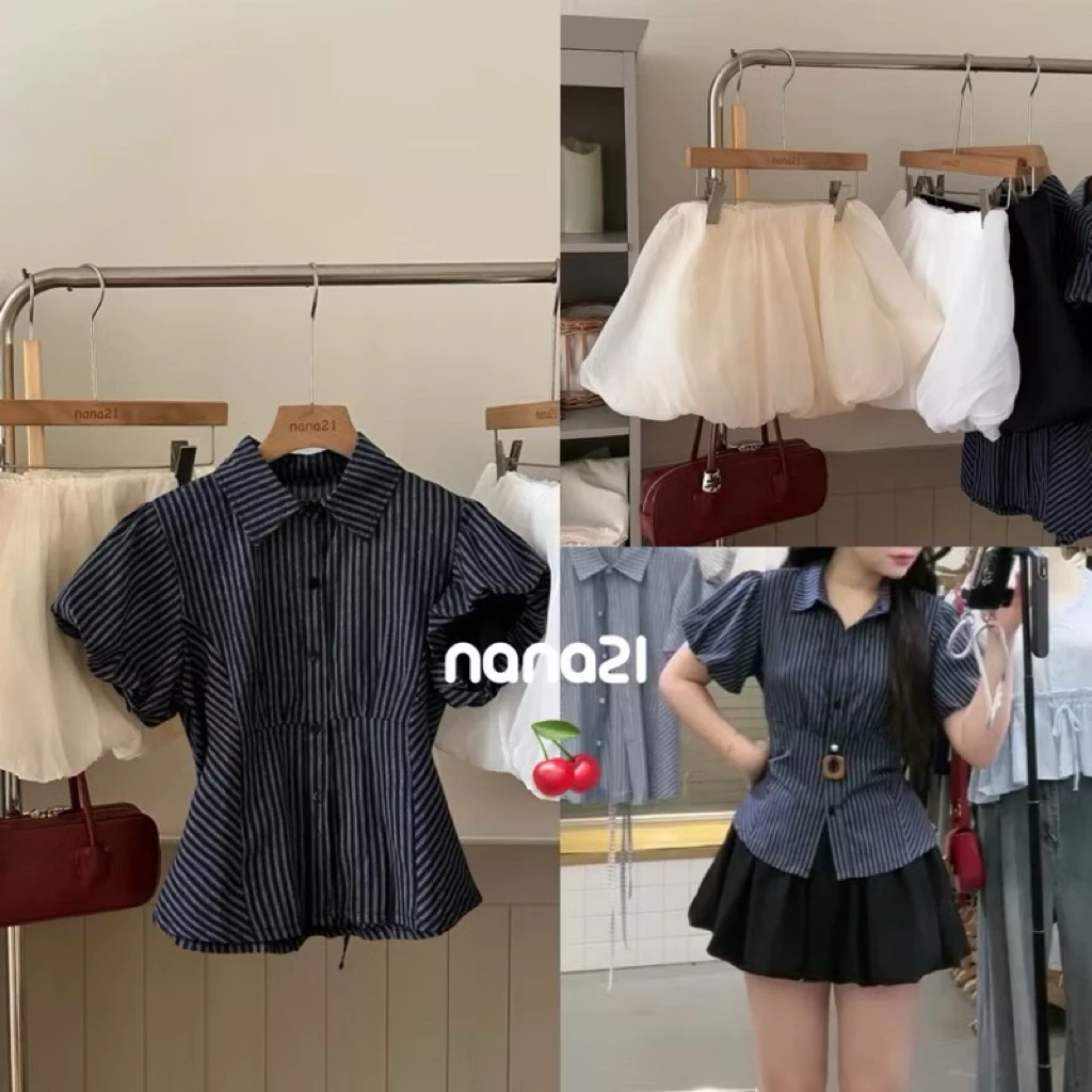 Áo sơ mi kẻ sọc tay bồng chiết eo dễ phối đồ  KENCO Thời trang nữ MA9579
