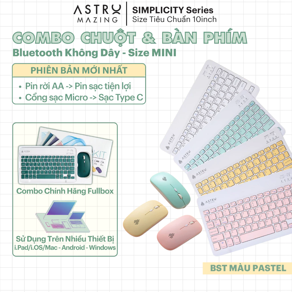 Combo chuột và bàn phím AstroMazing bluetooth không dây size mini cho máy tính bảng, tablet