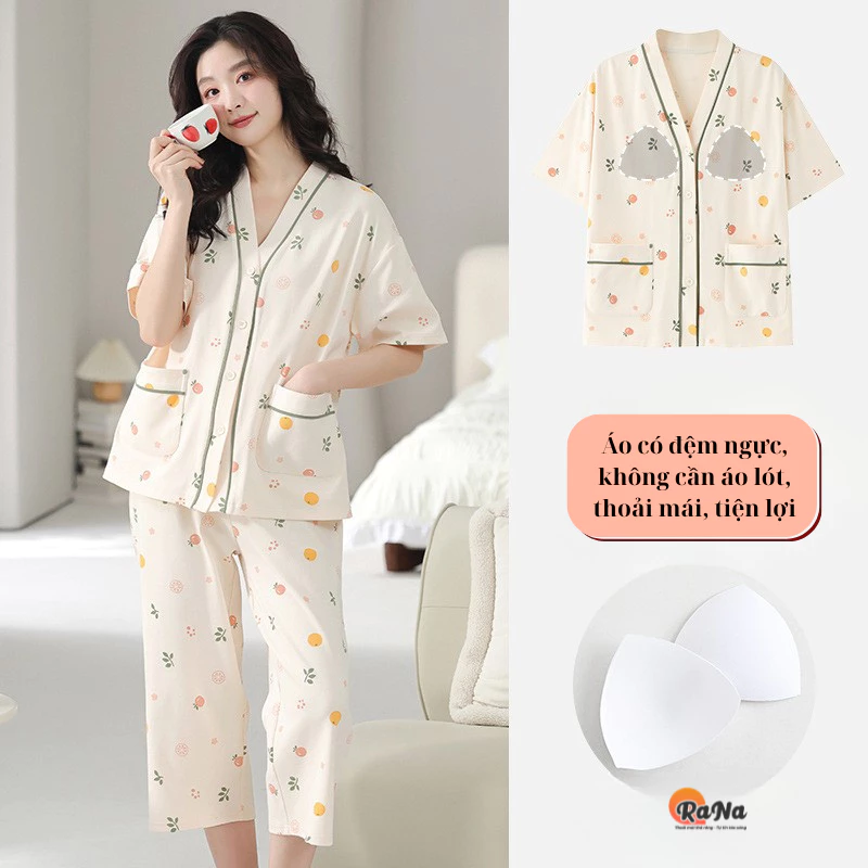 Bộ quần lửng mặc nhà tay ngắn RaNa có miếng đệm ngực không cần mặc áo lót tiện lợi thoáng mát