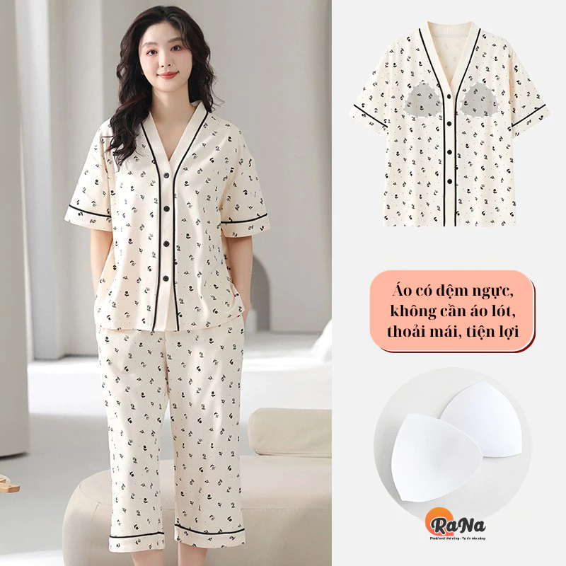 Bộ quần lửng tay lỡ Rana cho nữ mặc ở nhà mặc ngủ có sẵn đệm ngực có thể mặc ra ngoài