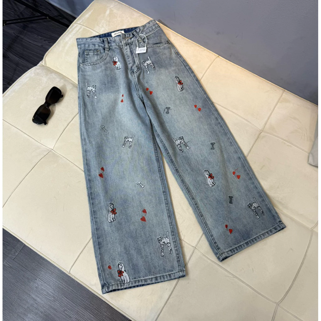 (87+97cm) Quần jean nữ ống suông rộng QC thêu ( 7247 )