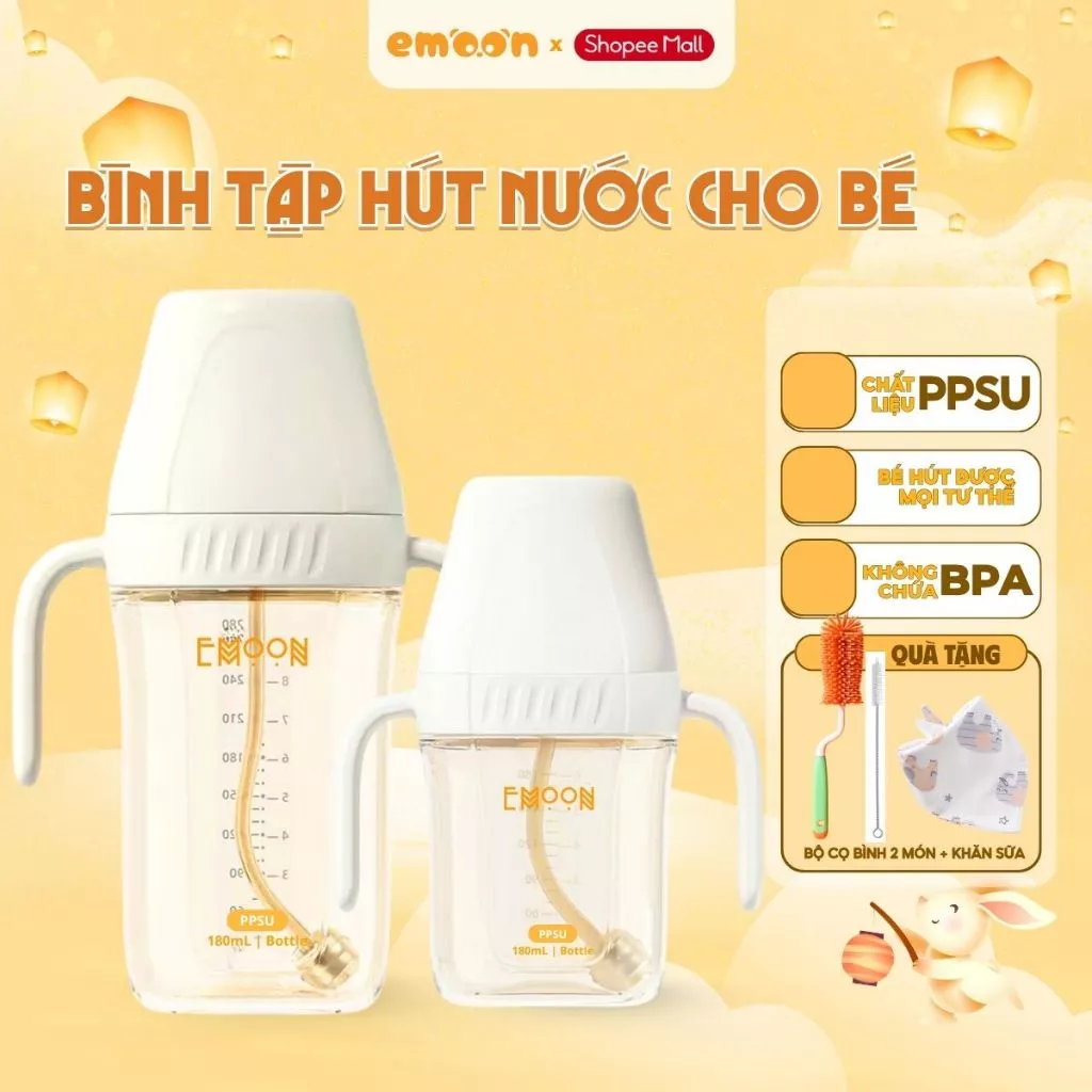 Bình tập hút nước Emoon chất liệu PPSU cao cấp, có van chống sặc cho bé theo từng giai đoạn