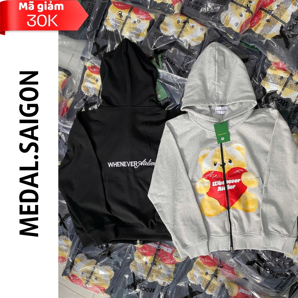 Áo Khoác Hoodie Zip Whenever Hình Gấu Nâu – Chất Nỉ Cotton Hàn Mát Dày Dặn