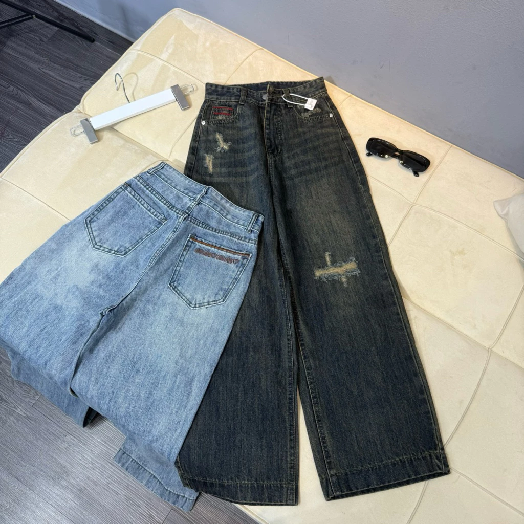 (92cm) Quần Jean Nữ  Suông Rông Nấm Thêu ( S01 - Quần suông nấm ) 861