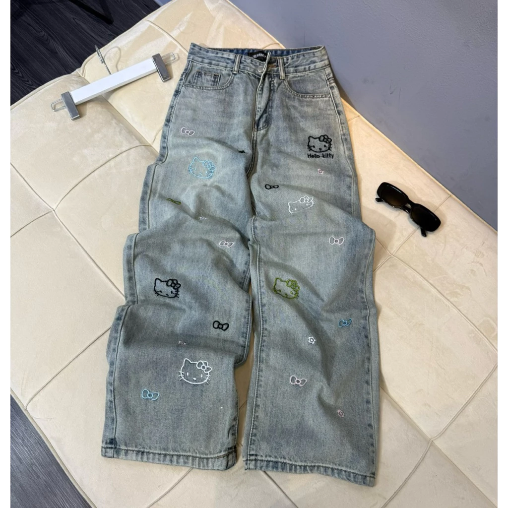 (87/97/105cm) Quần jean nữ ống suông rộng QC thêu ( 7203 )