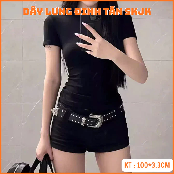Thắt lưng da SKJK  đinh tán Punk, dây nịt khóa điêu khắc cổ điển, phụ kiện thời trang Y2K đẹp OLL351