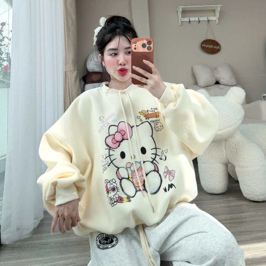 Áo sweater nỉ nữ kitty xinh có dây rút ở cổ form boxy chất nỉ 2 da L1 cao cấp dày dặn By Genz