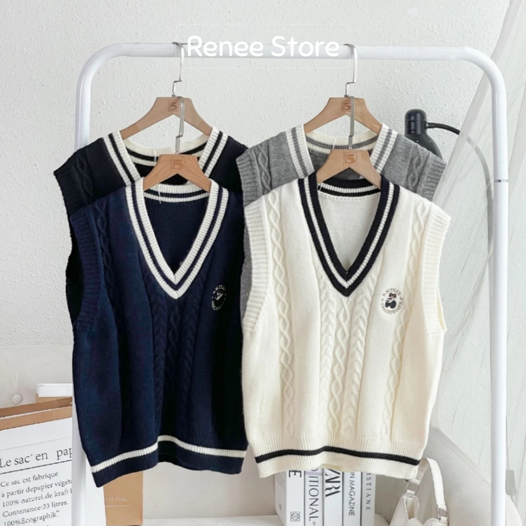 Áo gile len nữ phối viền họa tiết vặn thừng, áo gile cổ chữ V thêu hình gấu Renee Store - GL1165
