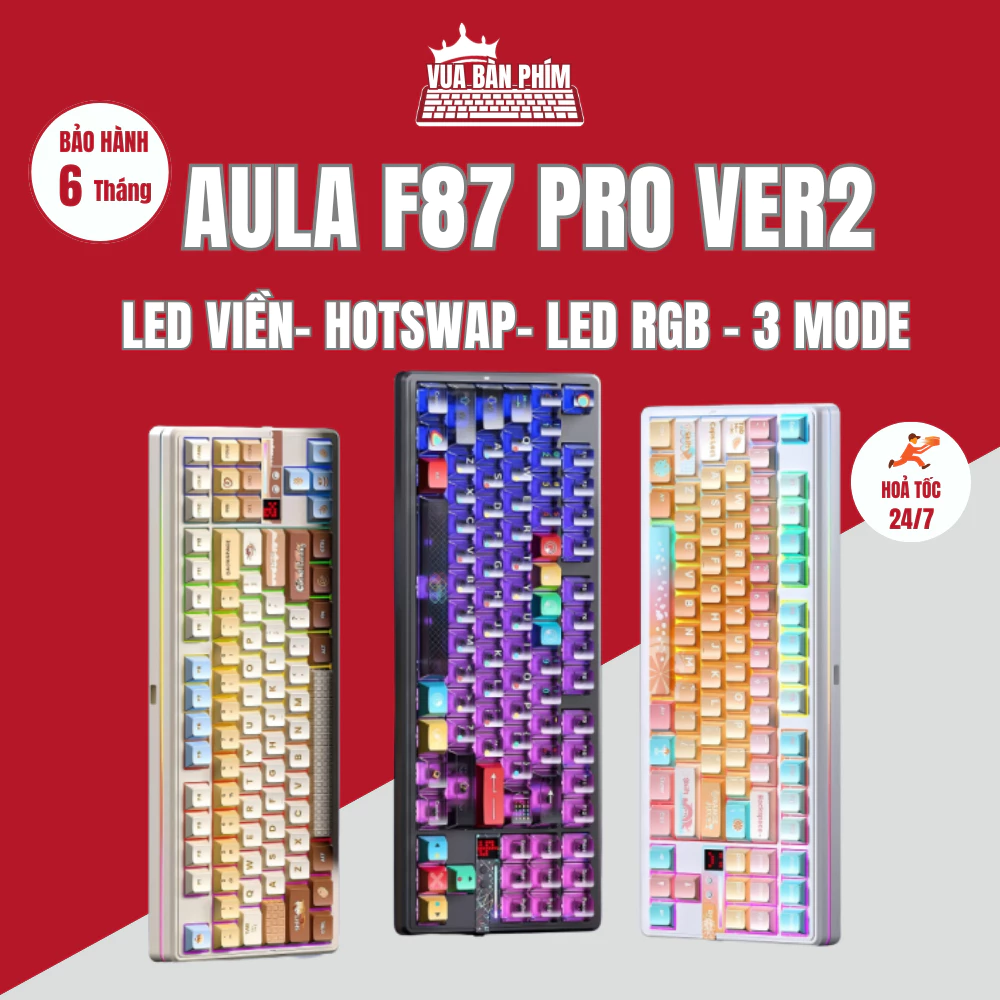 Bàn phím cơ không dây Aula F87 pro ver 2 mạch xuôi, 3 mode, led rgb, hostswap, logo điều chỉnh theo âm nhạc