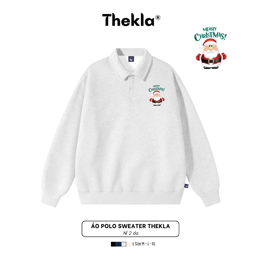 Áo Nỉ 2 Da Polo Cổ Bẻ Dáng Xuông Form Rộng By Thekla In Hình Ông Già Noel - BST304 Unisex Cho Nam Nữ Giữ Ấm Thu Đông