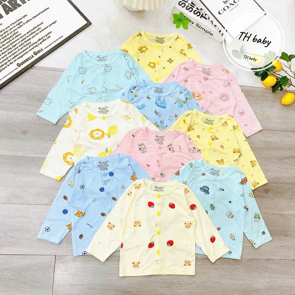 Set 5 áo dài tay cúc giữa chất thun peptit mềm mại nền màu in hoạ tiết cho bé từ 3-13kg