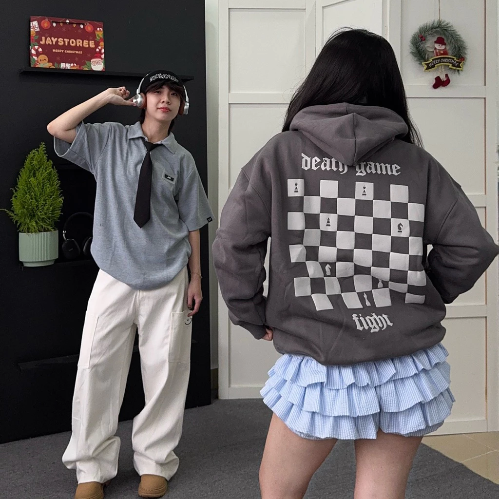 Áo Khoác Hoodie Nỉ Bông BÀN CỜ màu ĐEN/XÁM form Nam nữ unisex