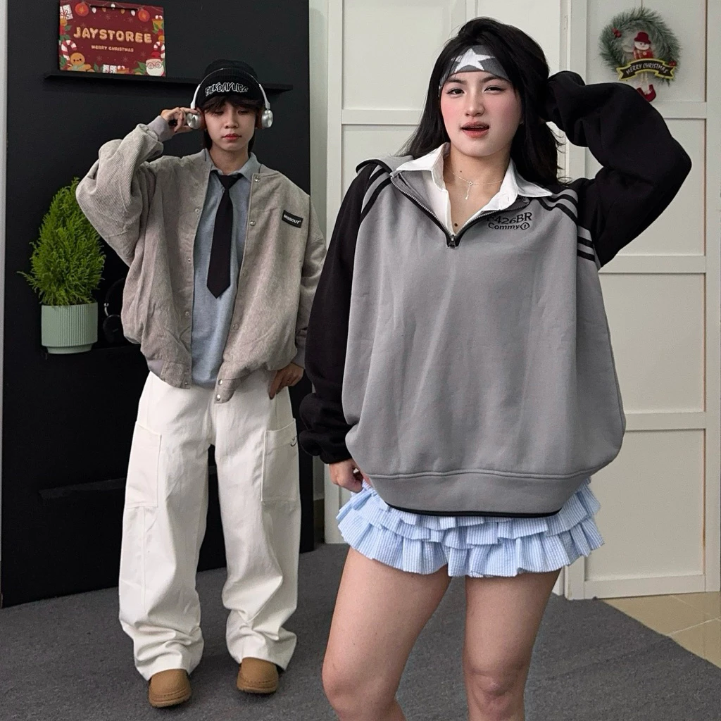 Áo Khoác Hoodie FIZ phối  2 màu XÁM/KEM  Form Rộng Unisex Nam Nữ - Áo hoodie có mũ chui đầu form rộng Jaystoree 🖤