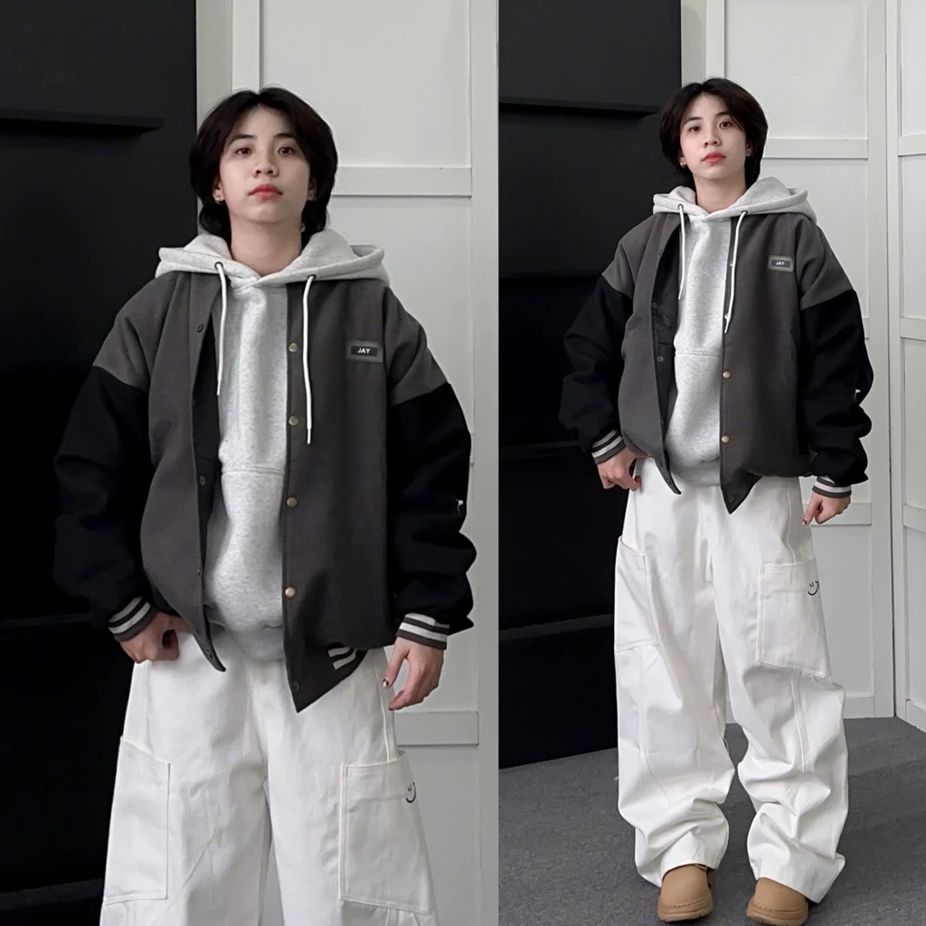 Áo Khoác Bomber Unisex Nỉ Dạ DJAY màu XÁM form Nam nữ unisex form rộng Jaystoree
