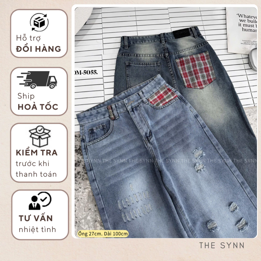 QJ63 - Quần Jeans Ống Rộng 2 Màu Đậm Nhạt Phối Vạt Sọc Túi Trước Sau Tag Da