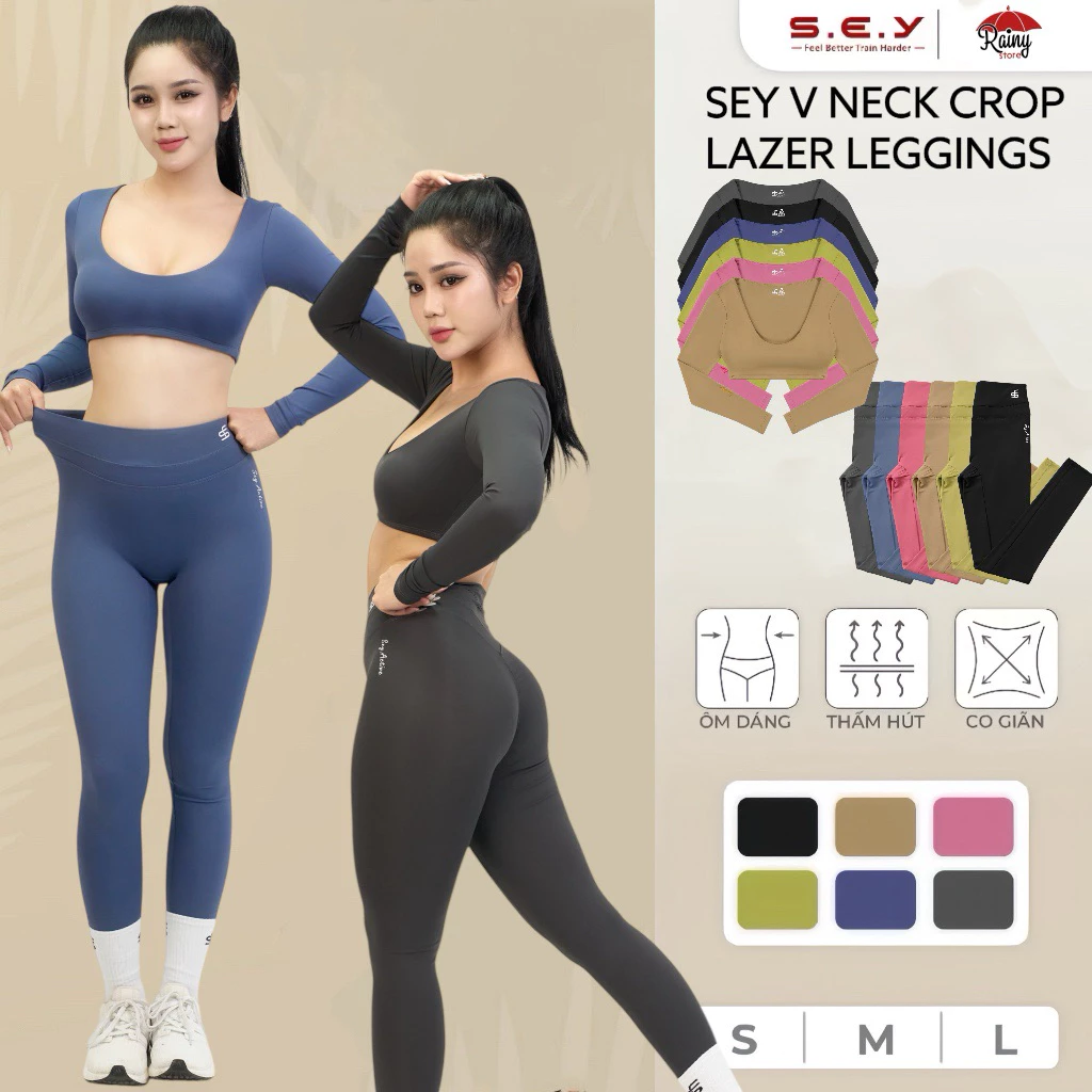 [ CHÍNH HÃNG S/M ] SEY V Neck Crop x Lazer Legging - Tách Bộ Đồ Tập Quần Dài Áo Crop Tay Dài Có Mút Đệm, Quần Chun Mông