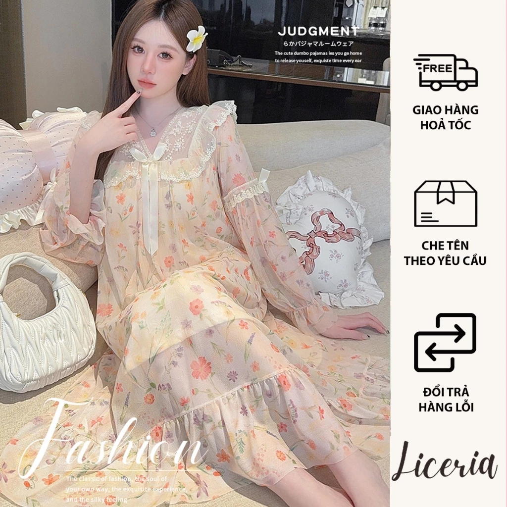 Đầm Ngủ LICERIA 5509 Cổ V Dài Tay Chất Voan Lưới Thêu Ren Hoạ Tiết Hoa Phong Cách Công Chúa