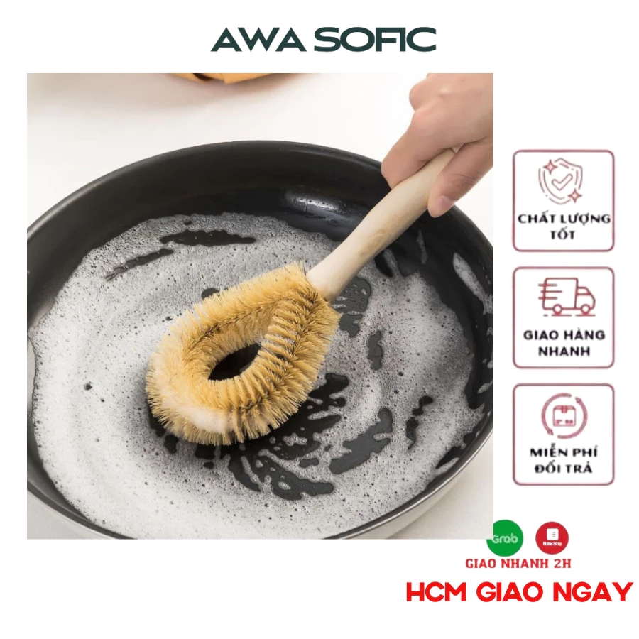 Chổi cọ nồi lông lợn cán dài dùng cọ nồi chống dính đẩy sạch chén bát
