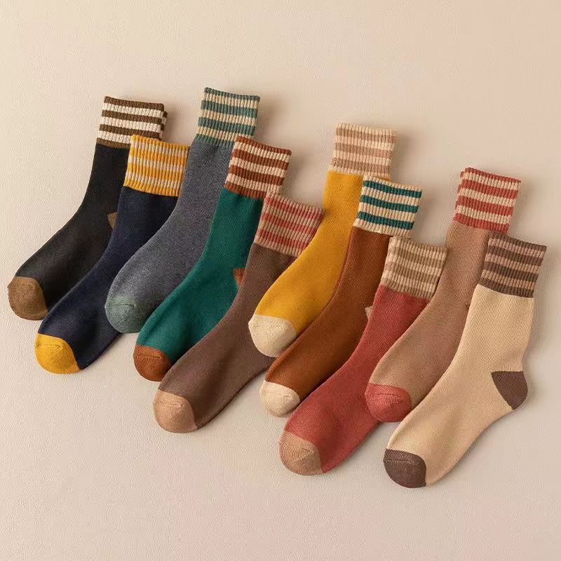 Set 5 Đôi Tất Kẻ Lót Lông Vintage Cực Mềm Mại, Giữ Ấm Siêu Dầy
