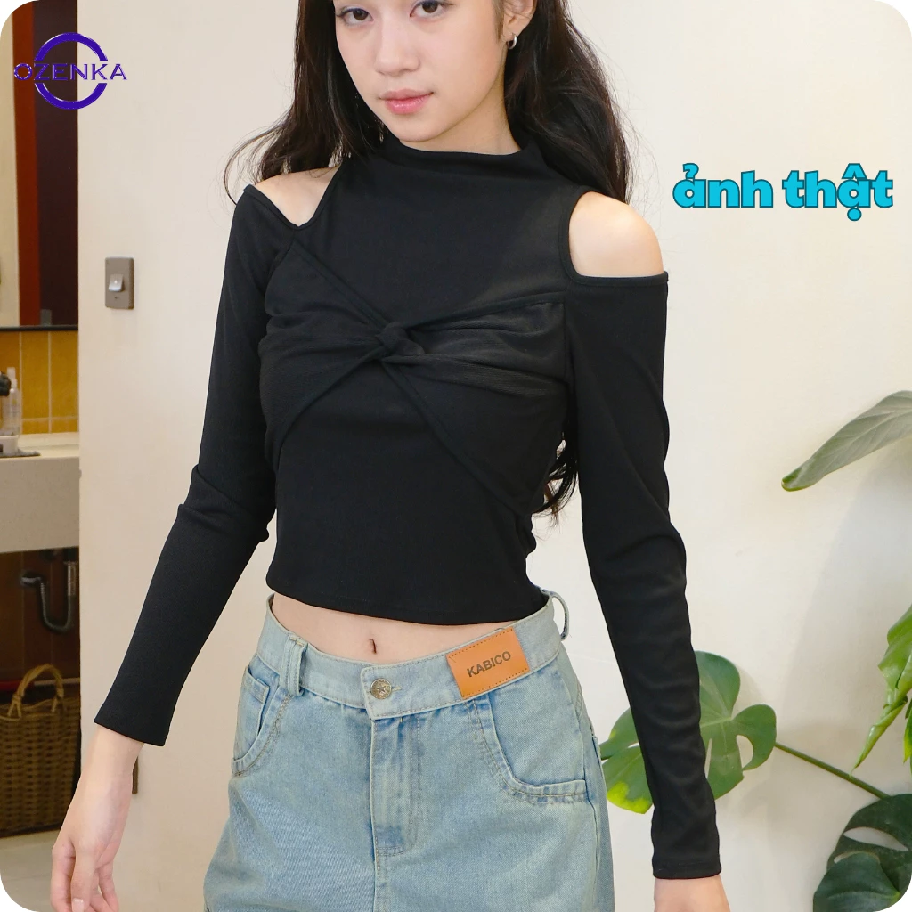 Áo thun nữ kiểu hở vai xoắn ngực tay dài cổ cao Ozenka – áo thu đông phong cách Hàn Quốc ôm body sang chảnh thanh lịch