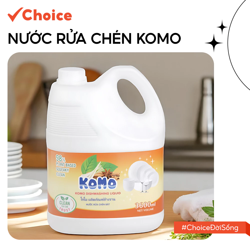 [Choice] Nước Rửa Chén Komo VN Komo-7 Hương Xả Quế Can 3600ML Thành Phần Tự Nhiên