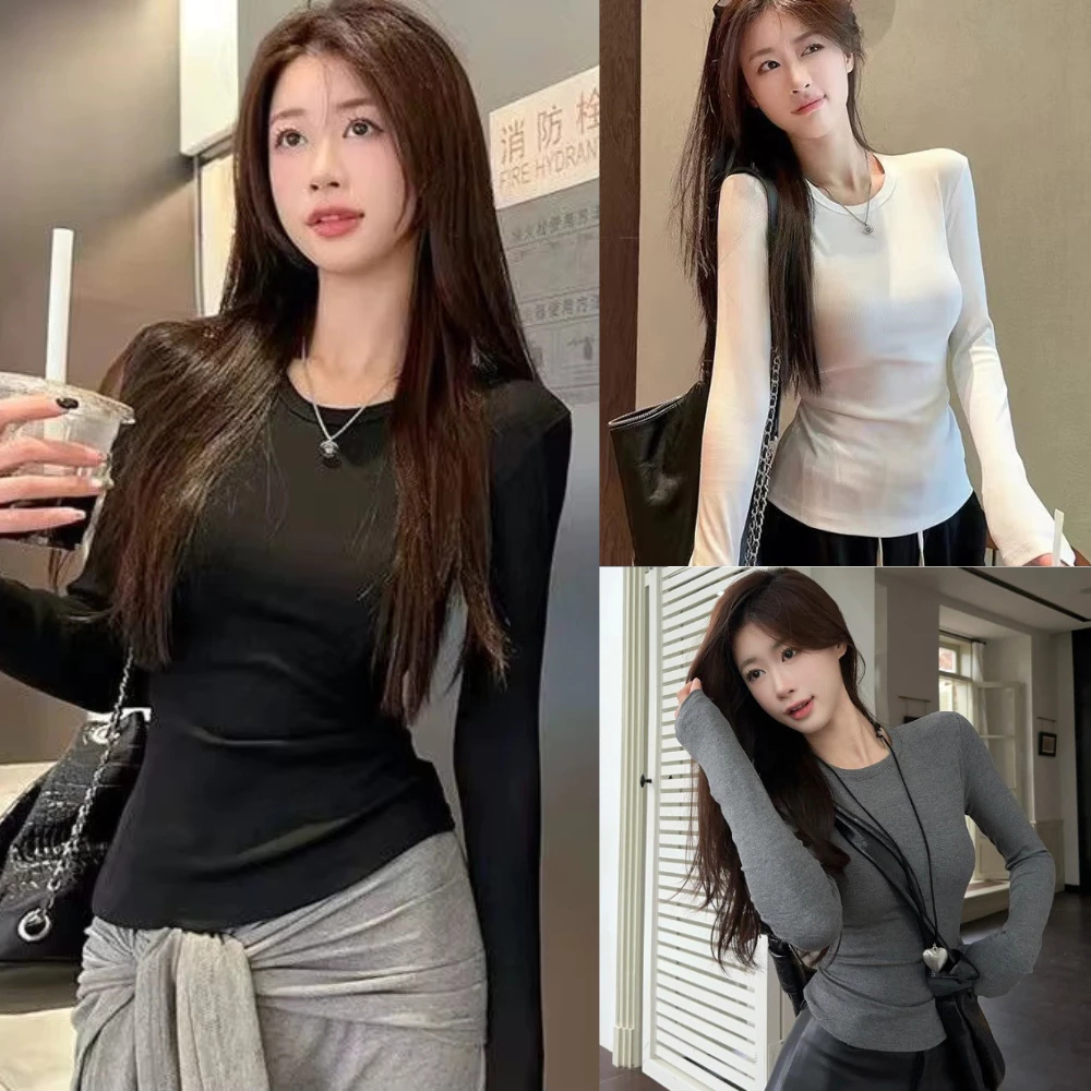 Áo Thun Tay Dài Cổ Tròn Giữ nhiệt Cực Xinh Phong Cách Hàn Quốc Tôn Dáng Dễ Phối Đồ