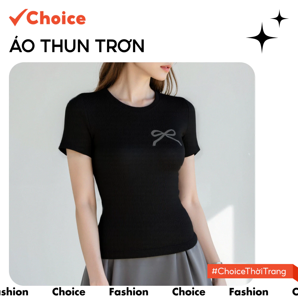 [Choice] Áo Thun Trơn Nh147 Có Nơ Đính Ngực, Chất Liệu Co Giãn