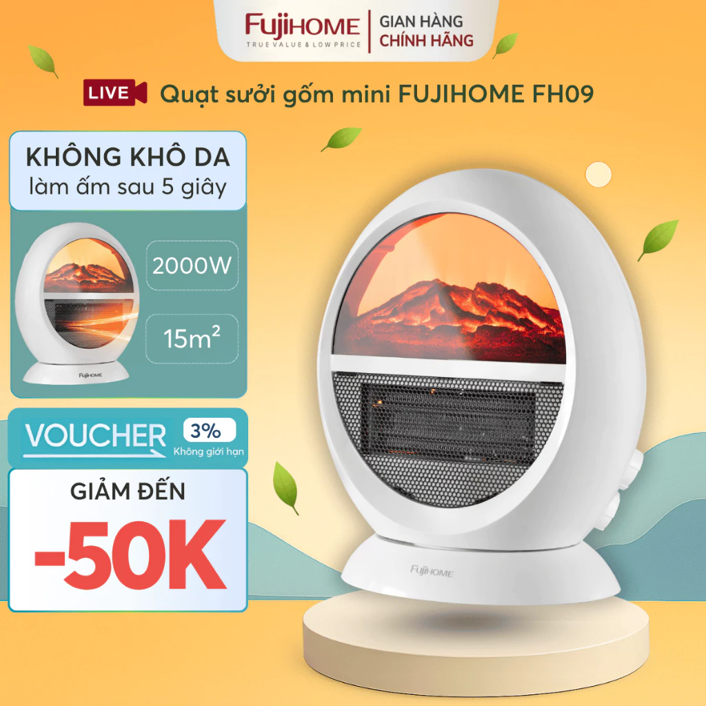 Quạt Sưởi Điện Nhỏ Gọn Cao Cấp FUJIHOME FH09, Máy Sưởi Gốm Mini Đảo Chiều Gió Ấm Đều Tự Ngắt