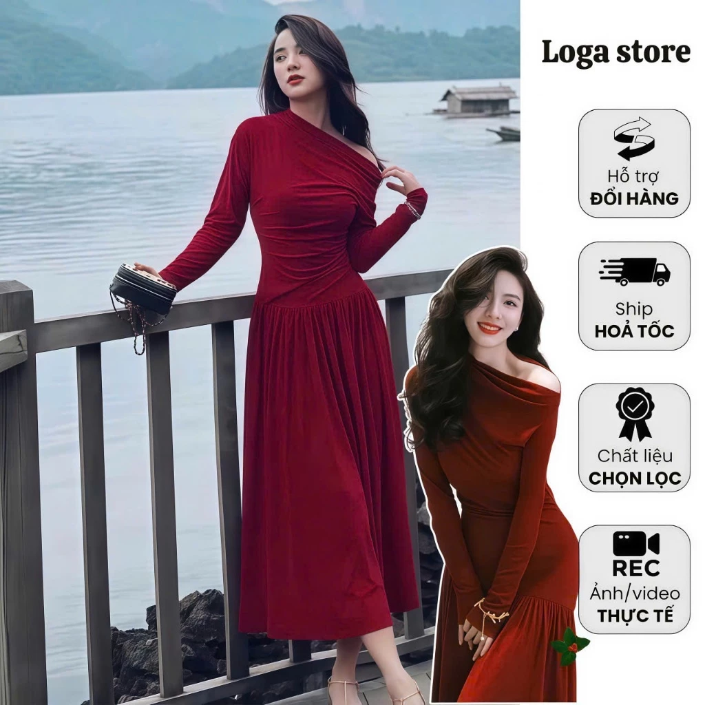 Váy đỏ lệch vai nữ nhún eo, đầm dự tiệc nữ màu đỏ, đầm thun nhún trễ vai đi tiệc sang chảnh Logastore_ L369