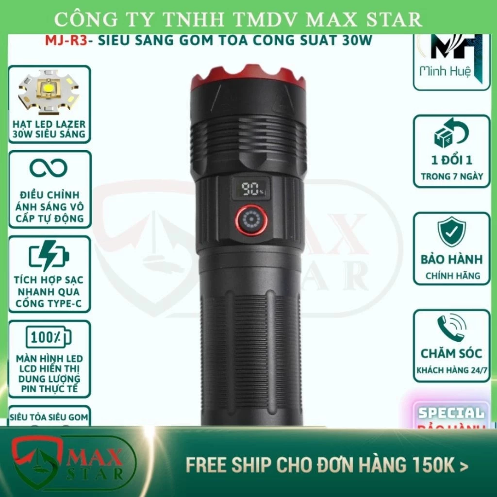 Đèn pin cầm tay siêu sáng MJ R3 zoom sáng soi gom tỏa xa gần pin trâu chống nước vỏ nhôm chất lượng cao