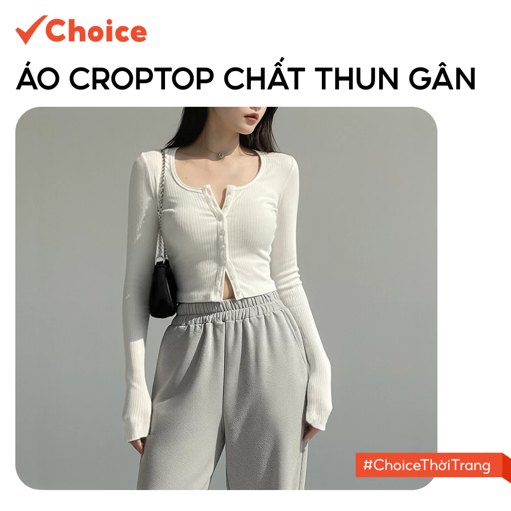 [Choice] Áo Croptop NH85 Chất Thun Gân Co Dãn, Cúc Giữa, Dài Tay, Cổ Tròn, Màu Trắng