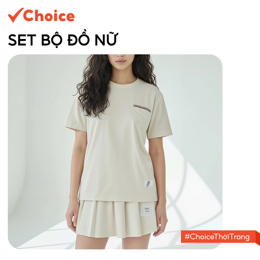 [Choice] Set Bộ Đồ Nữ Áo Phông HT45 Ngắn Tay, Túi Ngực, Viền Màu, Mix Chân Váy Xếp Ly Phong Cách