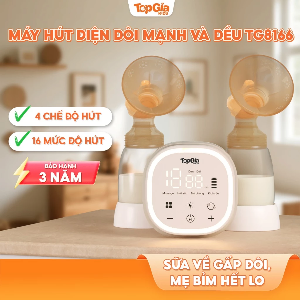 Máy hút sữa điện đôi TopGiaKids TG8166 lực hút MẠNH và ĐỀU 4 chế độ: massage, hút sữa, kích sữa, mô phỏng và 16 cấp độ