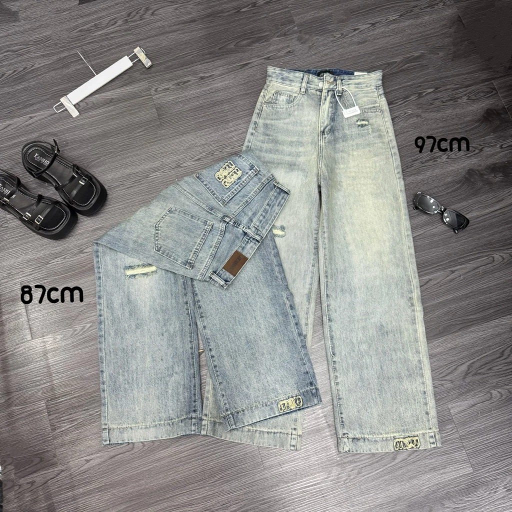 (87/97/103cm) Quần jean nữ ống suông rộng thêu Shop Nhí ( S01 - Quần suông nấm ) 7127