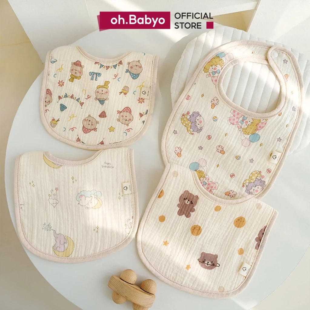 Yếm Ăn Dặm Cho Trẻ Sơ Sinh Mềm Mại ohBabyo Yếm Xô Cho Bé 4 Lớp Chữ U Hoạt Hình Dễ Thương