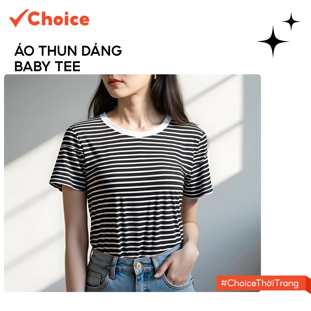 Áo thun dáng baby tee Choice AH34 họa tiết kẻ sọc dáng rộng, dễ phối đồ