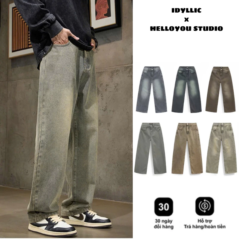 Quần Jean Ống Suông Rộng IDYLLIC Unisex Nam Nữ che khuyết điểm, tôn dáng Màu Wash Vintage Style Retro
