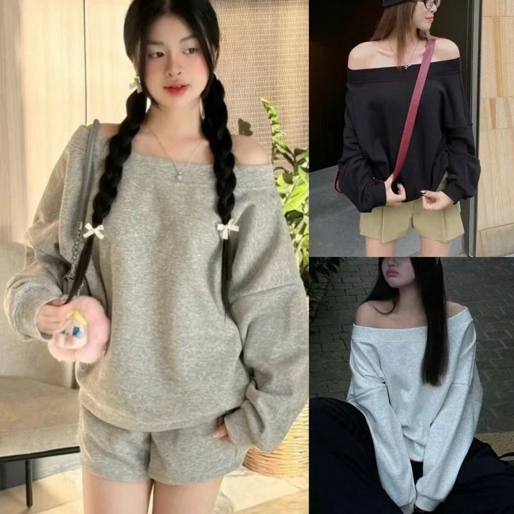 Áo nỉ lệch vai trơn form rộng,áo sweater kiểu trễ vai tay bồng mặc 2 kiểu chất nỉ mềm mịn dễ mặc phong cách HÀN QUỐC