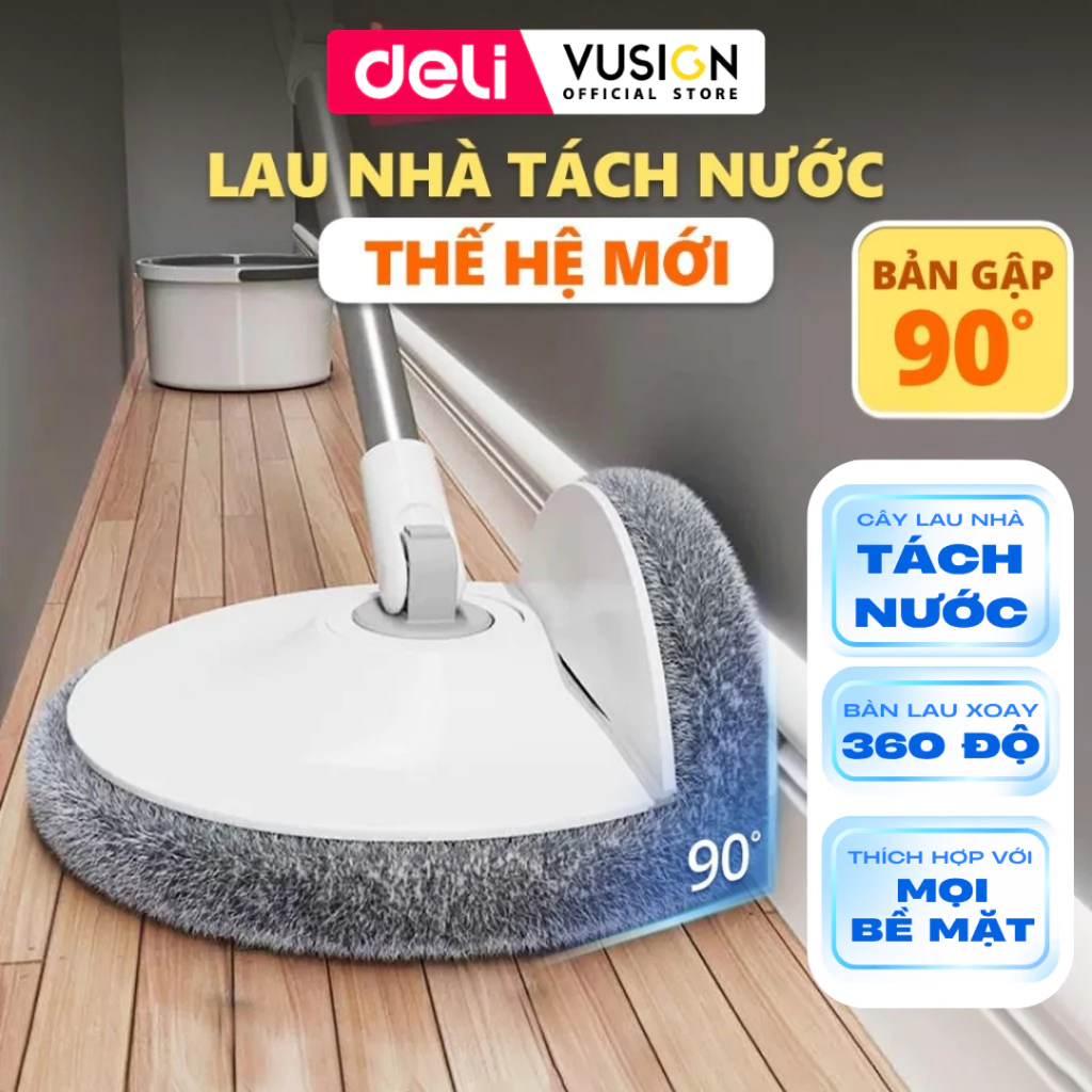 [SIÊU RẺ] Bộ cây lau nhà tách nước bẩn Deli, Chổi lau nhà tự vắt thông minh xoay 360 độ, có thùng chia 2 ngăn tách riêng