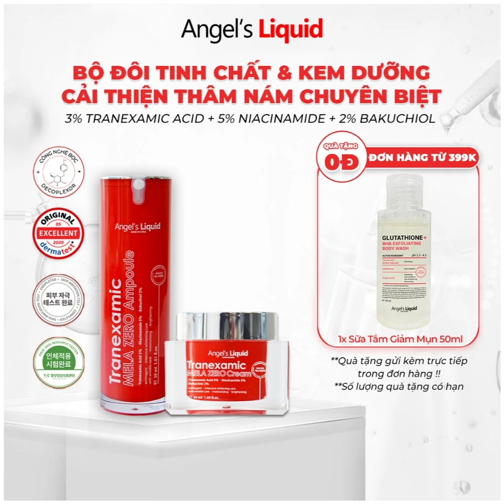 Bộ Đôi Serum & Kem Dưỡng Cải Thiện Thâm Nám Chuyên Biệt Angels Liquid Tranexamic Acid Mela Zero (ĐỎ)
