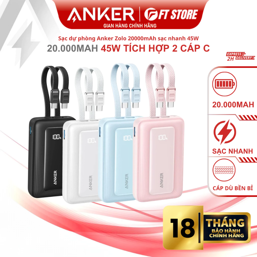 Sạc Anker Zolo Power Bank 20000mAh, 45W tích hợp 2 đầu cáp type C, nhỏ gọn tiện lợi sạc nhanh -A1681/A110M