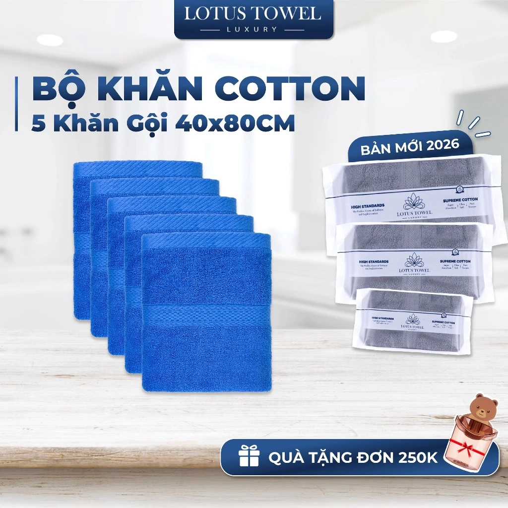Bộ 5 khăn nhỡ 40x80cm LOTUSTOWEL, Hoàn Toàn Từ Cotton Tự Nhiên, Mềm Mịn Thấm Hút Không Ra Màu Khi Giặt
